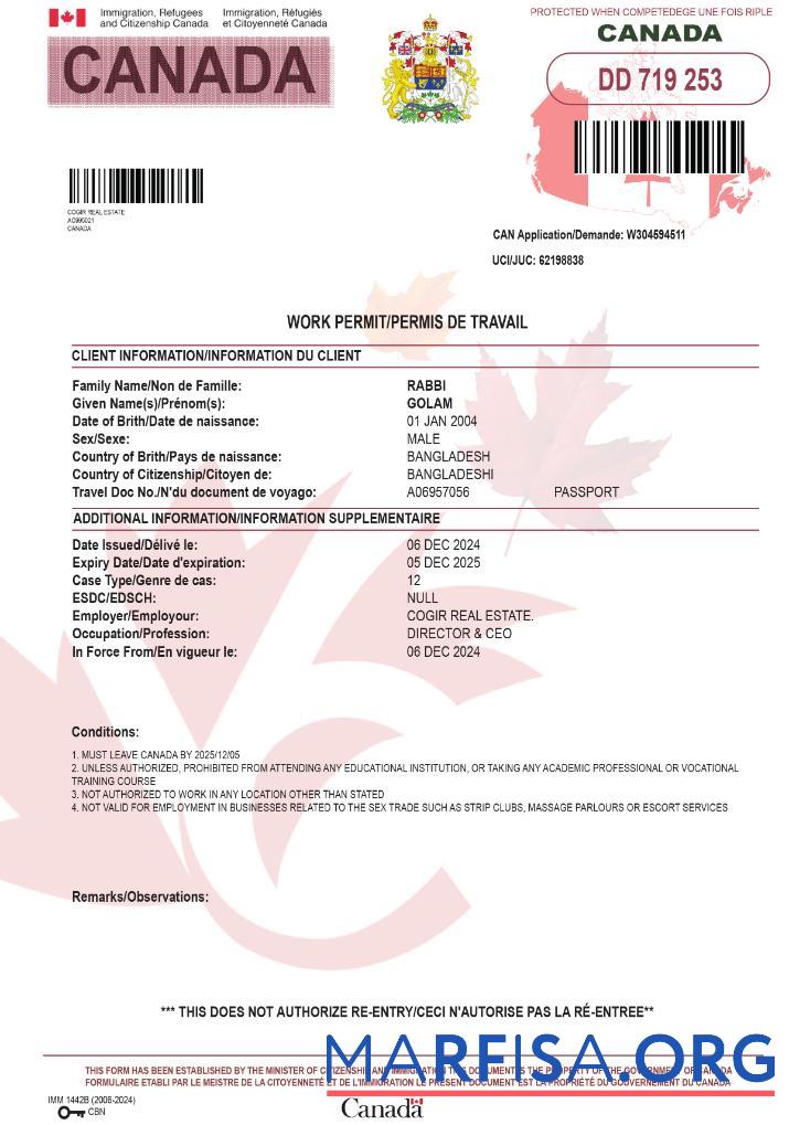 Blank Canada work permit 2024 present template
